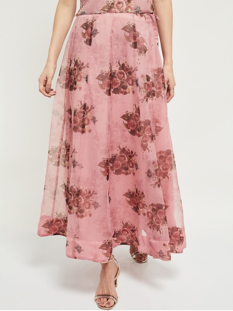 

max Women Pink & Brown Printed Maxi Sustainable Flared Skirt