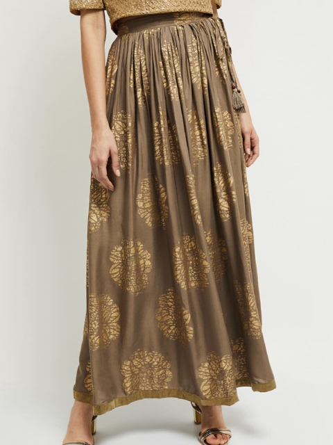 

max Women Taupe & Gold-Colour Printed Flared Maxi Skirt