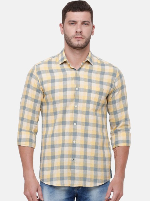 

CAVALLO by Linen Club Men Cotton Linen Yellow & Grey Regular Fit Checked Casual Shirt