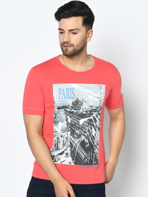 

Duke Men Coral Red Printed Cotton Round Neck T-shirt