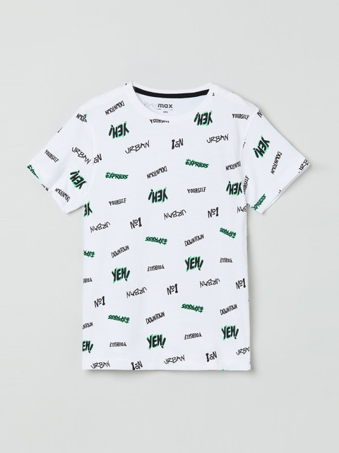 

max Boys White Printed Round Neck Cotton T-shirt