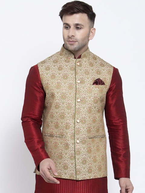 

Badoliya & Sons Men Cream-Color & Green Woven Design Nehru Jacket