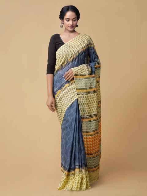 

Unnati Silks Blue Pure Cotton Printed Chanderi Saree