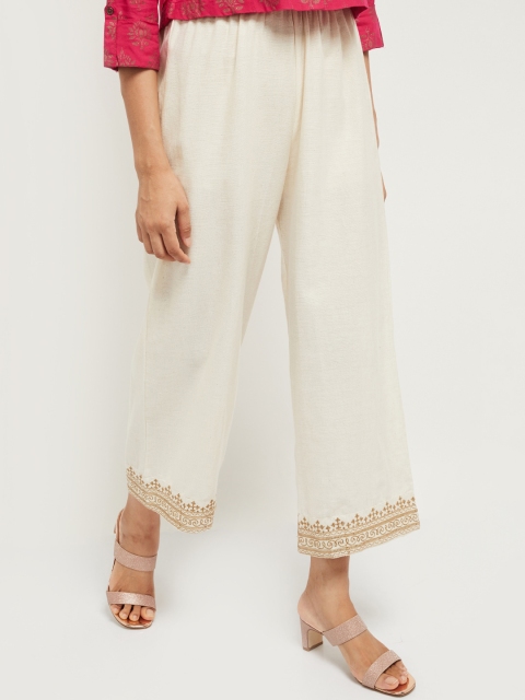 

max Women Off-White Solid Straight Cotton Palazzos