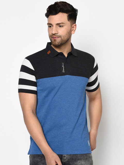 

Duke Men Blue Colourblocked Polo Collar T-shirt