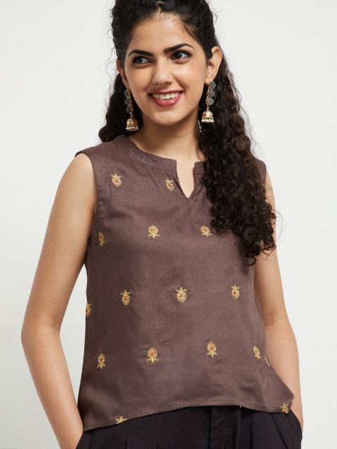 

max Women Brown Self Design High Low Top