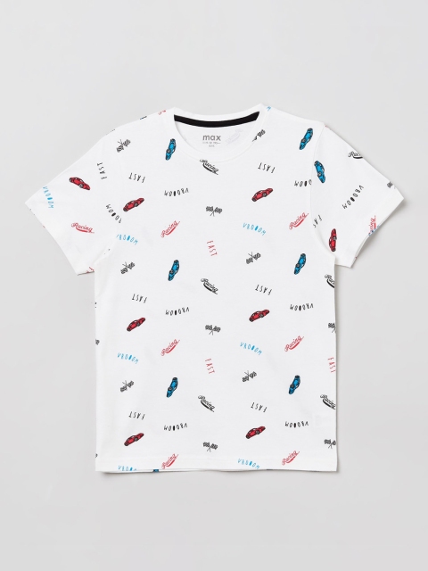 

max Boys White Printed Cotton Round Neck T-shirt