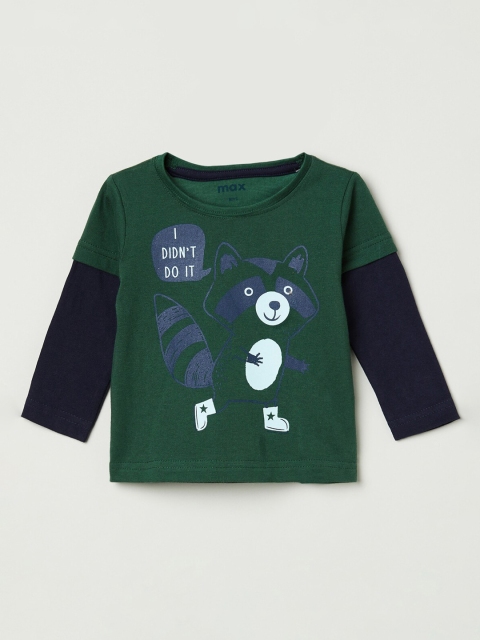 

max Boys Green Printed Round Neck Cotton T-shirt