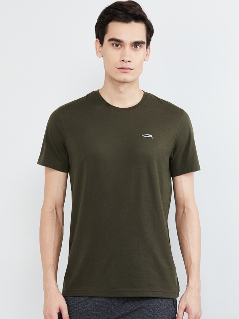 

max Men Olive Green Solid Round Neck T-shirt