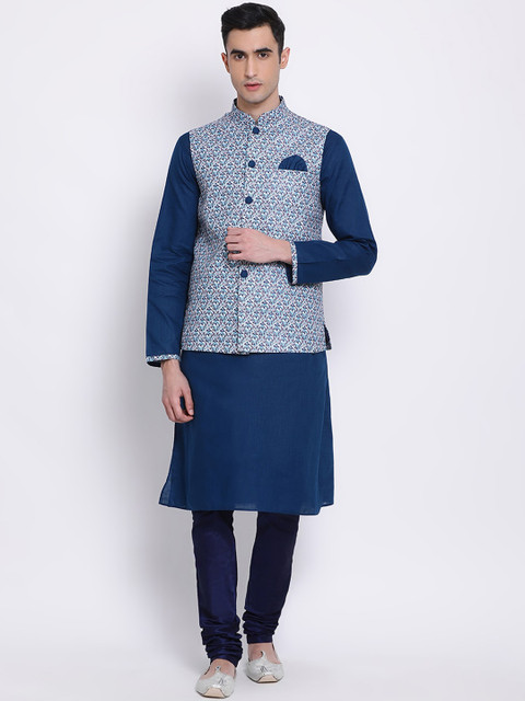 

Sanwara Men Blue & Off-White Solid Kurta with Churidar & Nehru Jacket