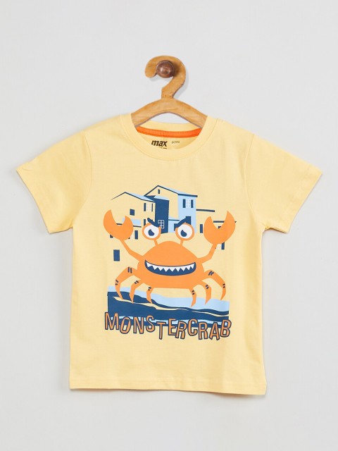 

max Boys Yellow Printed Round Neck Cotton T-shirt