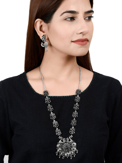 

Silvermerc Designs Oxidised Silver-Plated Black Stone-Studded Peacock-Shaped Handcrafted Jewellery Set