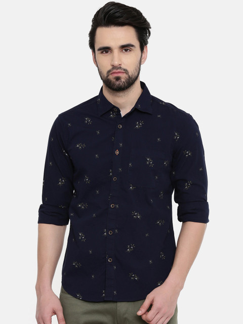 

IMYOUNG Men Navy Blue & Green Slim Fit Printed Casual Shirt