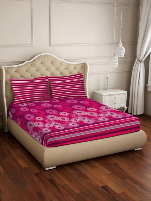 

BELLA CASA Pink & White Ethnic Motifs 250 TC Cotton 1 King Bedsheet with 2 Pillow Covers