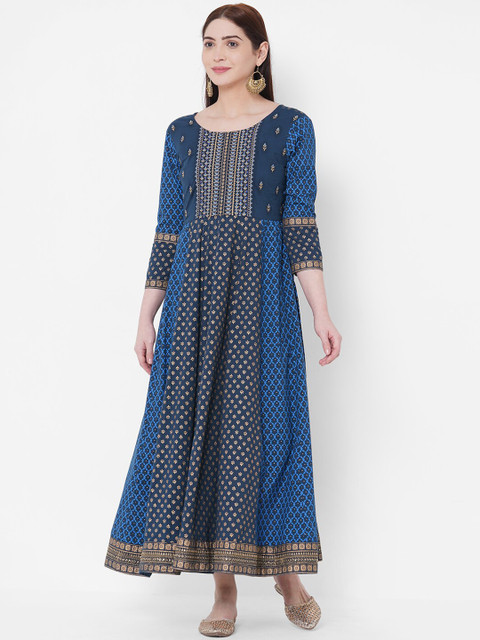 

FASHOR Women Navy Blue & Black Embroidered Paneled Maxi Dress