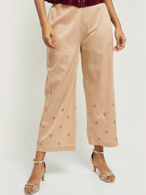 

max Women Beige & Red Hem Design Flared Palazzos