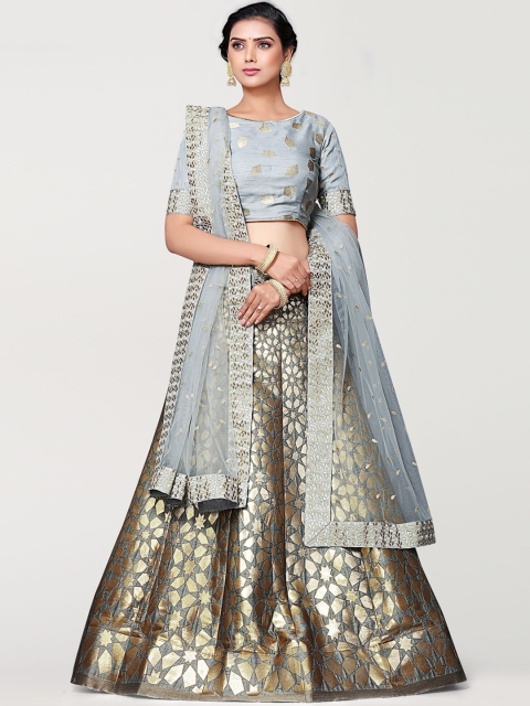 

MIMOSA Grey & Gold-Toned Embroidered Semi-Stitched Lehenga & Unstitched Blouse with Dupatta