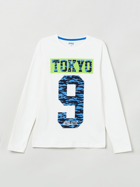 

max Boys White Printed Round Neck T-shirt