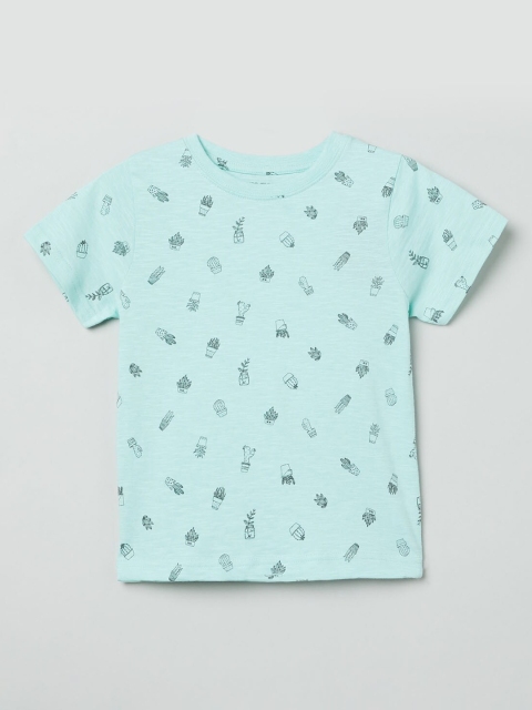 

max Boys Turquoise Blue Printed Round Neck Cotton T-shirt