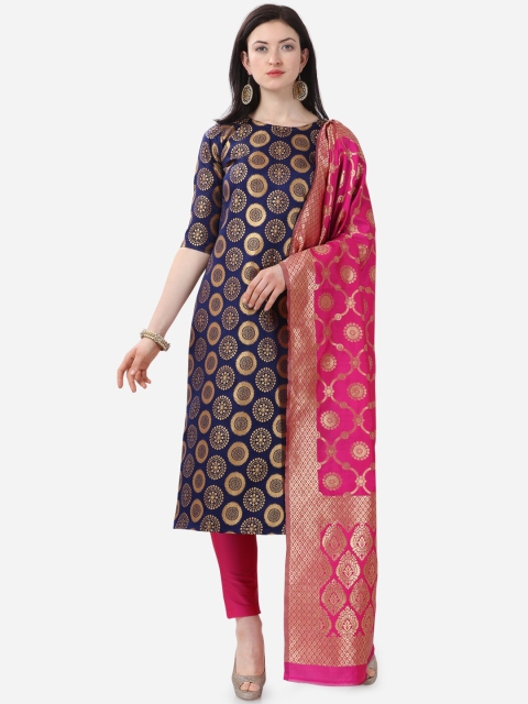 

DIVASTRI Navy Blue & Pink Poly Silk Unstitched Dress Material