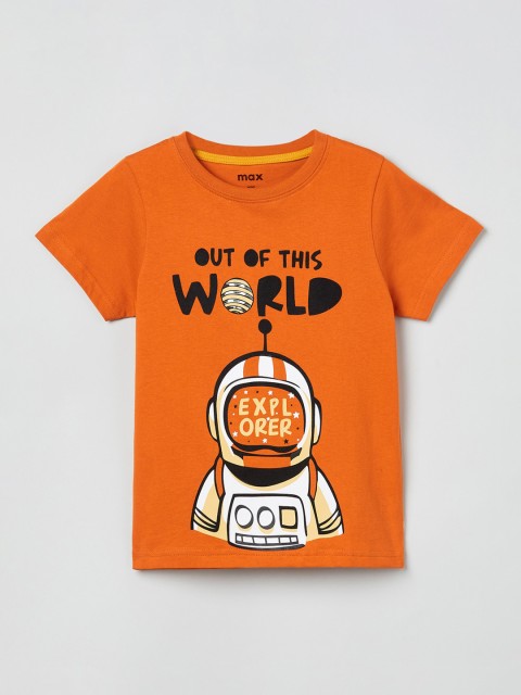 

max Boys Orange Printed Round Neck T-shirt