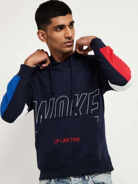 

max Men Blue Printed Hooded Sweatshirt