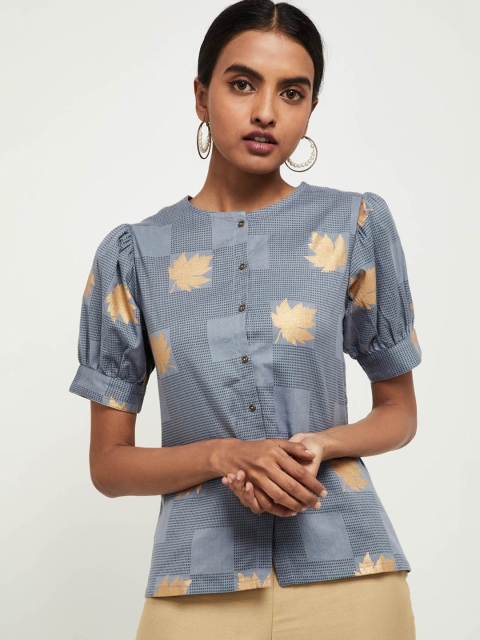 

max Women Blue Printed Shirt Style Top