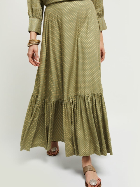 

max Women Green & Yellow Printed A-Line Maxi Skirt