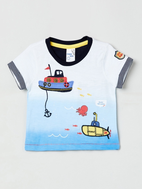 

max Boys White Printed Round Neck Cotton T-shirt