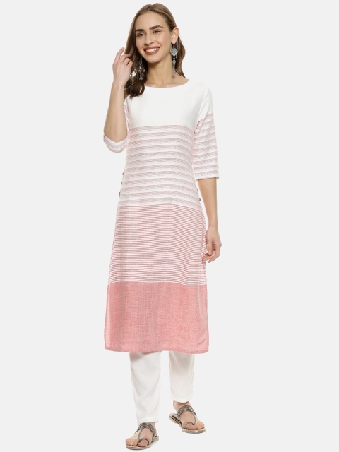 

Instafab Women White & Pink Striped Straight Kurta