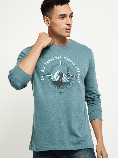 

max Men Green Printed Round Neck T-shirt