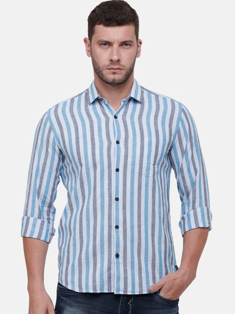 

CAVALLO by Linen Club Men Cotton Linen Blue Regular Fit Striped Casual Shirt