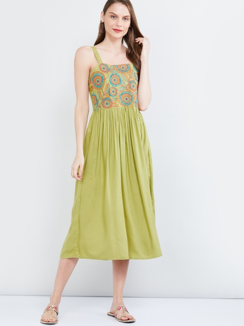 

max Women Lime Green Embroidered Fit and Flare Dress