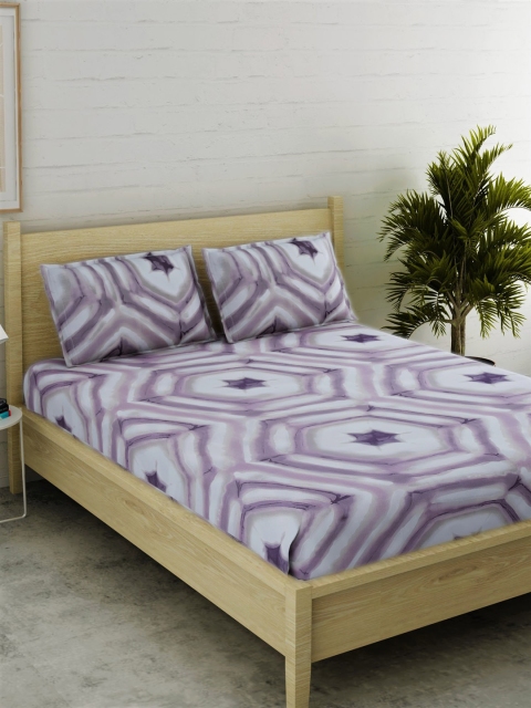 

EverHOME White & Purple Geometric 210 TC Cotton 1 King Bedsheet with 2 Pillow Covers