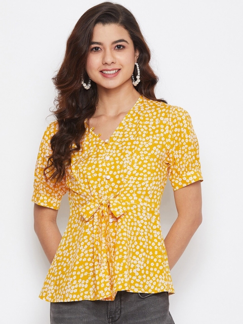 

Imfashini Women Yellow & White Floral Printed Cinched Waist Top