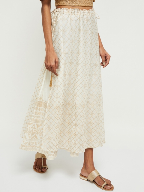 

max Women White & Gold Colored Printed A-line Midi Skirt