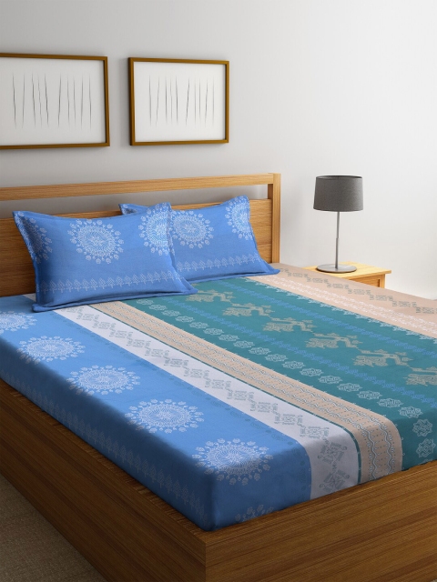 

BOMBAY DYEING Blue & White Ethnic Motifs 104 TC Cotton 1 Queen Bedsheet with 2 Pillow Covers