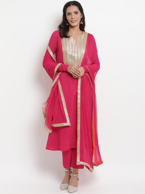 

trueBrowns Women Pink & Gold-Coloured Yoke Design Kurta with Trousers & Dupatta