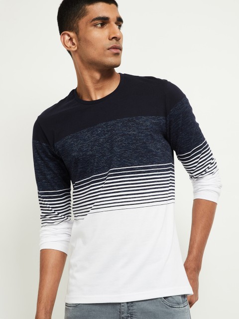 

max Men Navy Blue & White Striped Round Neck T-shirt