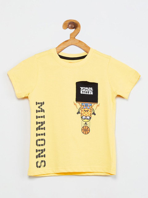 

max Boys Yellow Printed Round Neck Cotton T-shirt