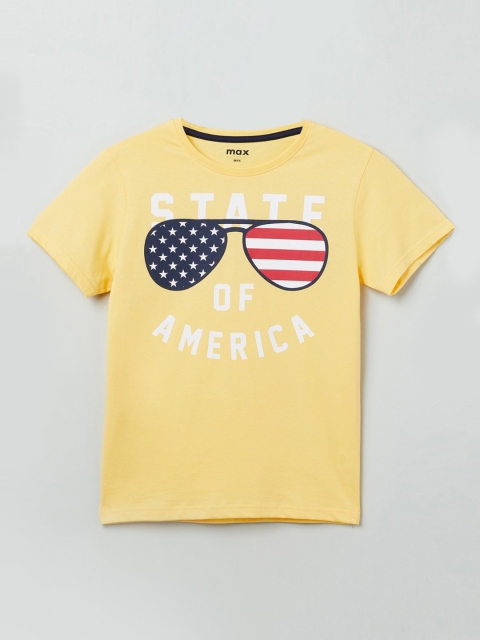 

max Boys Yellow Printed Round Neck Cotton T-shirt