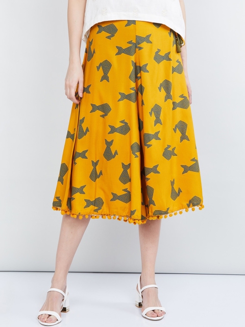 

max Women Mustard Yellow & Olive Green Printed Flared Palazzos