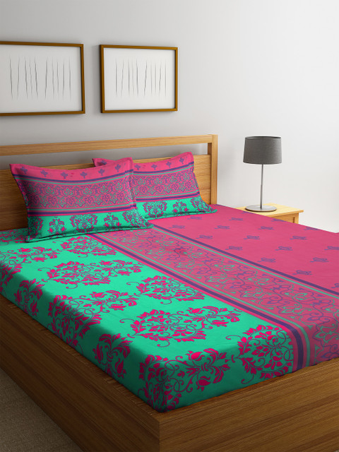 

BOMBAY DYEING Green & Pink Floral 104 TC Cotton 1 Queen Bedsheet with 2 Pillow Covers