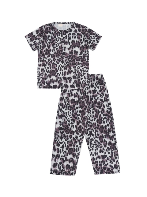 RAINE AND JAINE Girls White & Black Leopard Printed Night Suit