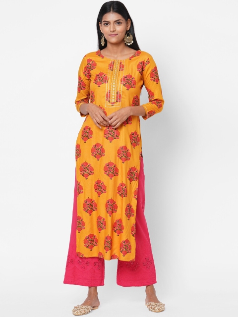 

FASHOR Women Mustard Embroidered Straight Kurta