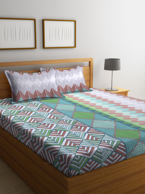 

BOMBAY DYEING Green & White Geometric 104 TC Cotton 1 Queen Bedsheet with 2 Pillow Covers