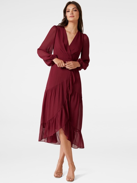 

Forever New Women Burgundy Solid Wrap Dress