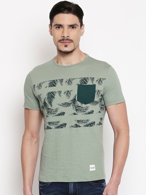 

People Men Olive Green Printed Round Neck T-shirt