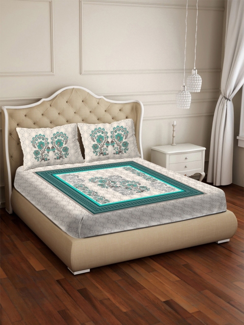 

BELLA CASA Blue & Grey Ethnic Motifs 350 TC Cotton 1 Queen Bedsheet with 2 Pillow Covers
