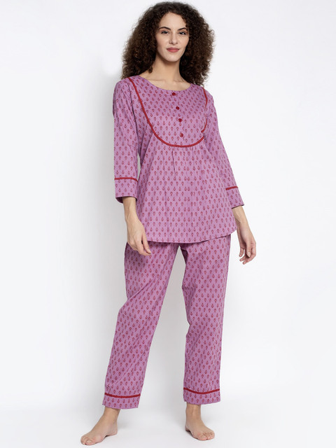 

Aujjessa Women Lavender & Red Ethnic Motifs Print Night Suit